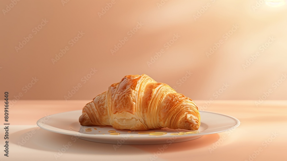 A croissant placed on a white porcelain plate, with a light drizzle of honey on a soft pastel background. A croissant placed on a white porcelain plate, with a light drizzle of honey on a soft pastel background.