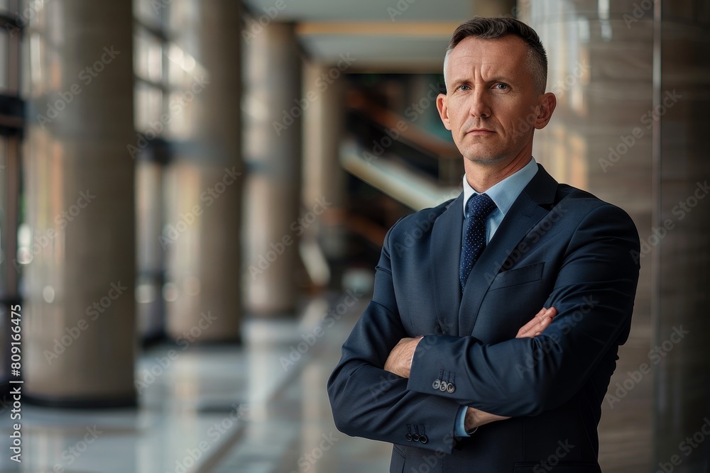 Fototapeta premium A man in a suit and tie standing confidently with his arms crossed, A businessman in a sleek suit, standing confidently with arms crossed