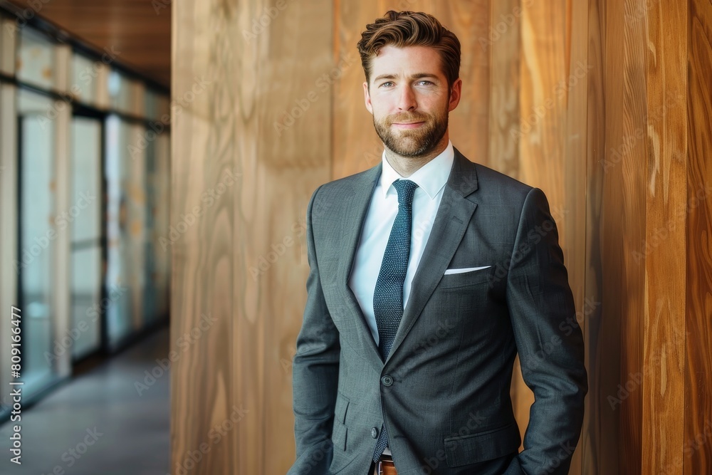 A confident business man dressed in a suit stands in a hallway, A business man in a tailored suit standing confidently A confident business man dressed in a suit stands in a hallway, A business man in a tailored suit standing confidently