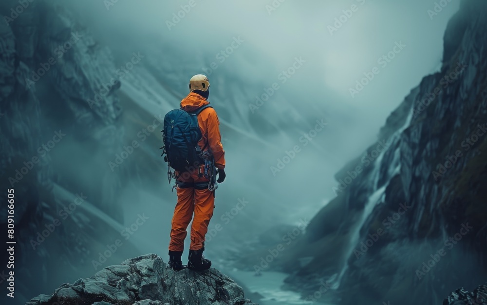 A man wearing a backpack stands on the summit of a mountain, taking in the expansive view around him A man wearing a backpack stands on the summit of a mountain, taking in the expansive view around him