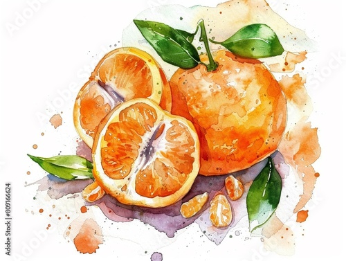 Tangerine, High in vitamin C and antioxidants, superfoods conception, watercolor illustrationRice , Staple food, rich in carbohydrates, superfoods conception, watercolor illustration photo