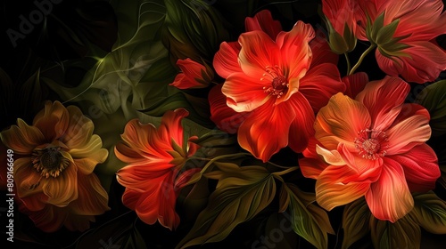 A dark  moody floral composition featuring vibrant red and orange flowers amidst lush foliage.