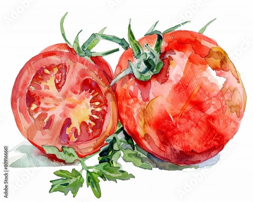 A watercolor illustration depicting tomatoes, renowned for their lycopene content, which is believed to decrease the risk of specific cancers, exemplifying the superfoods concept.