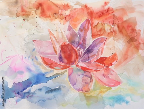 A mixed media artwork featuring a collage of real lotus petals and watercolor paints, meticulously arranged and layered to create a textured and dimensional representation of this iconic symbol 