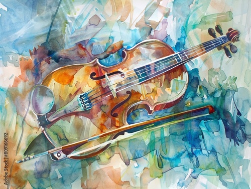 An exquisite watercolor portrait of a violinist lost in the music, capturing the passion and emotion of their performance with fluid brushstrokes and vibrant colors.