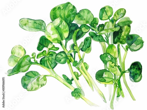 Watercress, Low in calories and high in vitamins K and C, superfoods conception, watercolor illustration