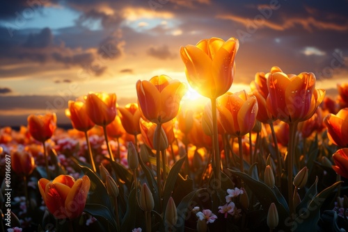 Vibrant tulips blooming in the sunset #809166697