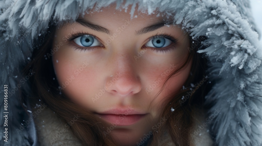 Closeup of a woman's face in the snow