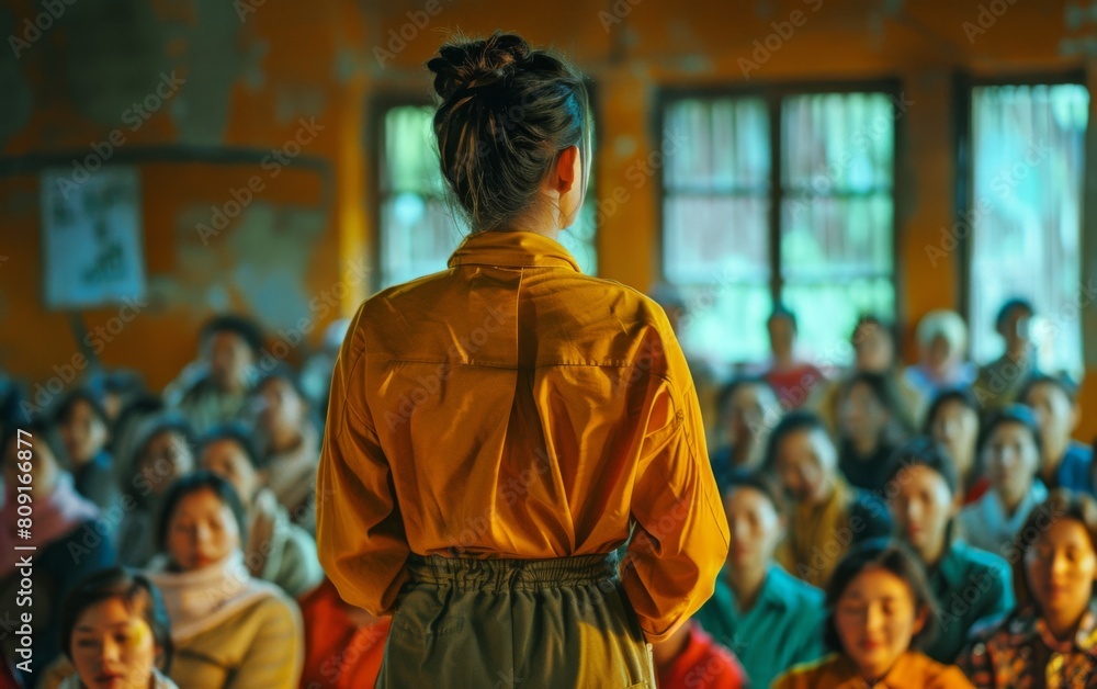 A woman standing confidently in front of a diverse crowd of people, appearing to be addressing or leading them A woman standing confidently in front of a diverse crowd of people, appearing to be addressing or leading them