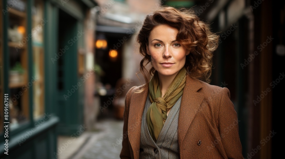 Confident woman in autumn outfit walking down city street Confident woman in autumn outfit walking down city street