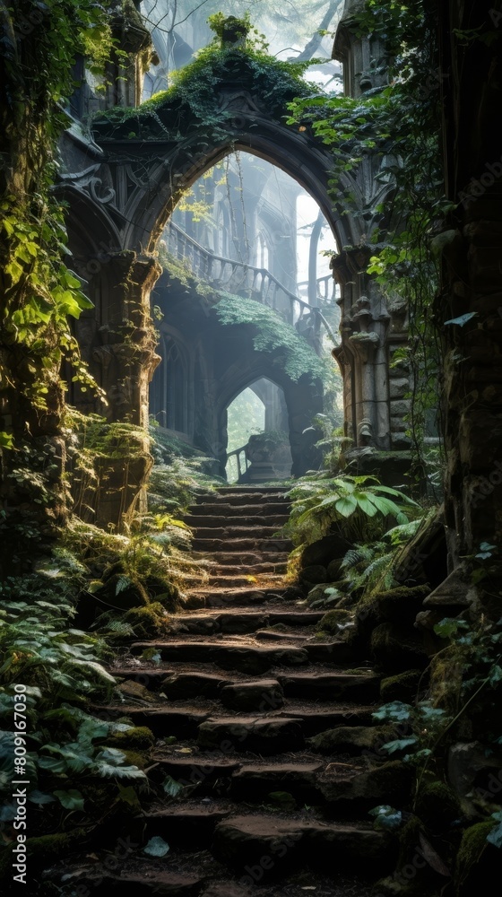 Obraz premium Enchanted forest archway with moss-covered steps