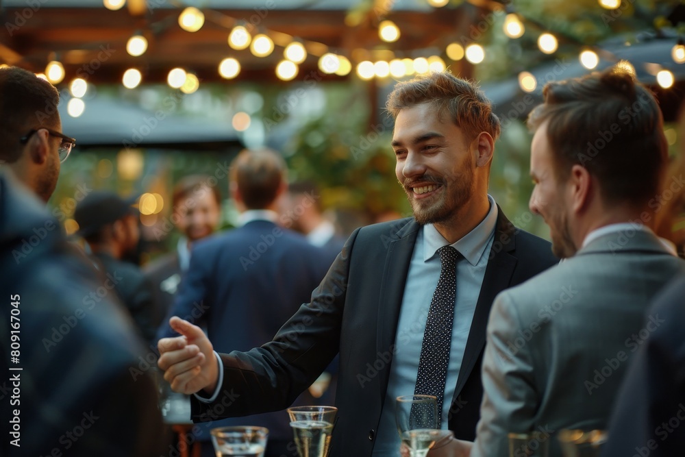 Several businessmen engaged in conversation and networking at a table during a social event, A businessman networking at a social event, shaking hands Several businessmen engaged in conversation and networking at a table during a social event, A businessman networking at a social event, shaking hands