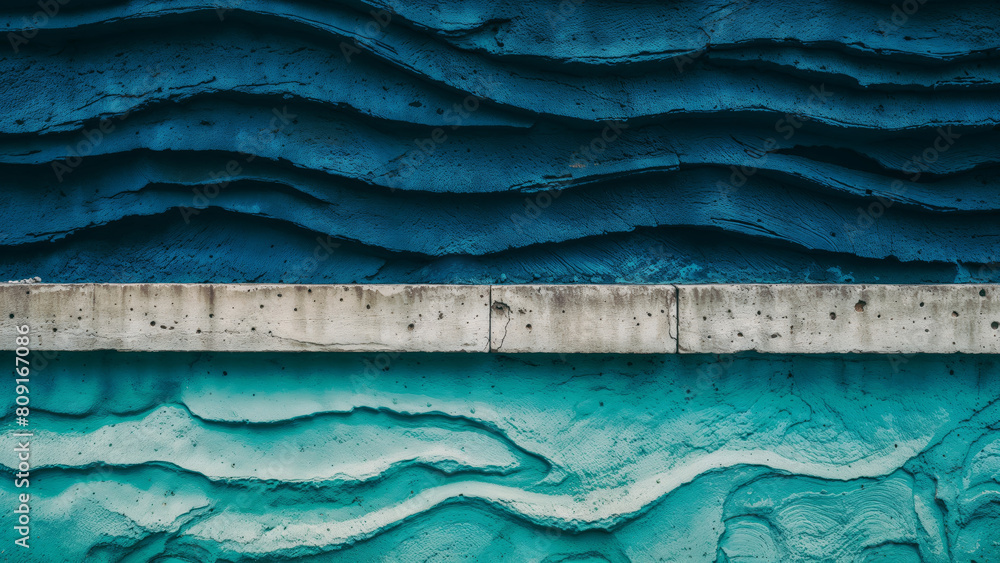 Fototapeta premium Concrete wall with deep grooves and curves, rough grunge surface texture painted in gradient blue color shades. 