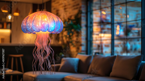 Modern living room with accent creative lamps in shape of jellyfish