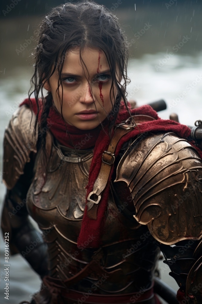 Fierce warrior woman with blood on her face and armor Fierce warrior woman with blood on her face and armor
