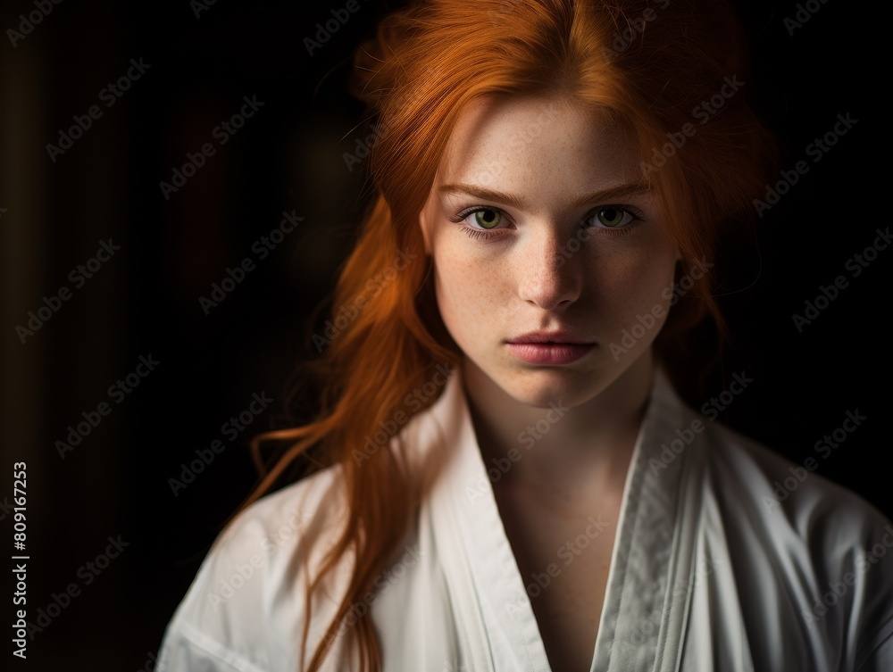 Dramatic portrait of a serious young woman with red hair Dramatic portrait of a serious young woman with red hair