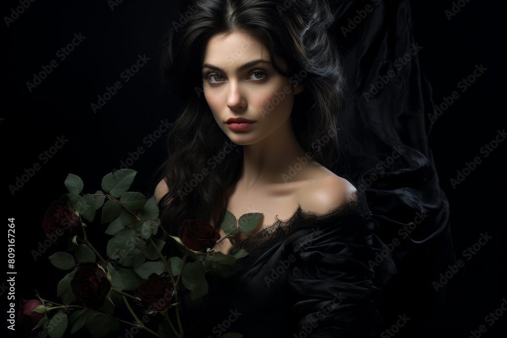 mysterious woman with dark hair and roses mysterious woman with dark hair and roses