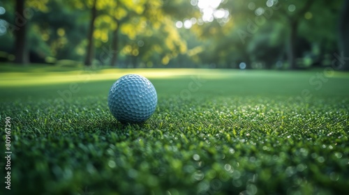 Golf ball on a dewy grass with sunlit trees in the background