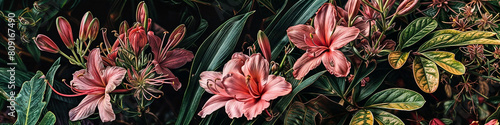   view of vibrant pink lilies and lush foliage. Botanical garden, Beauty of nature concept. Design for home decoration and textile design, wallpaper, greeting card, poster, invitation. 
