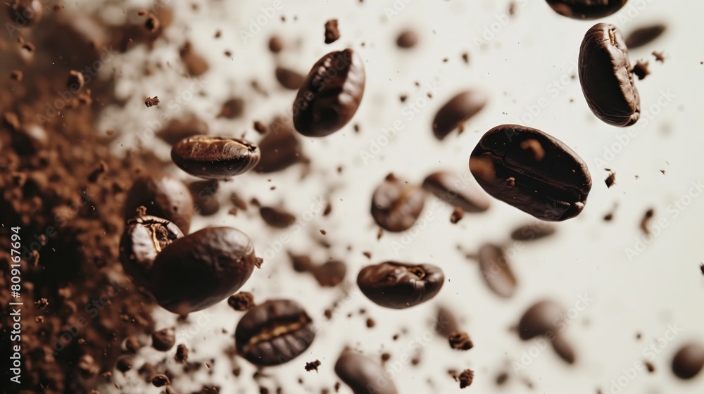 Lots of coffee falling beans on the light background. Lots of coffee falling beans on the light background.