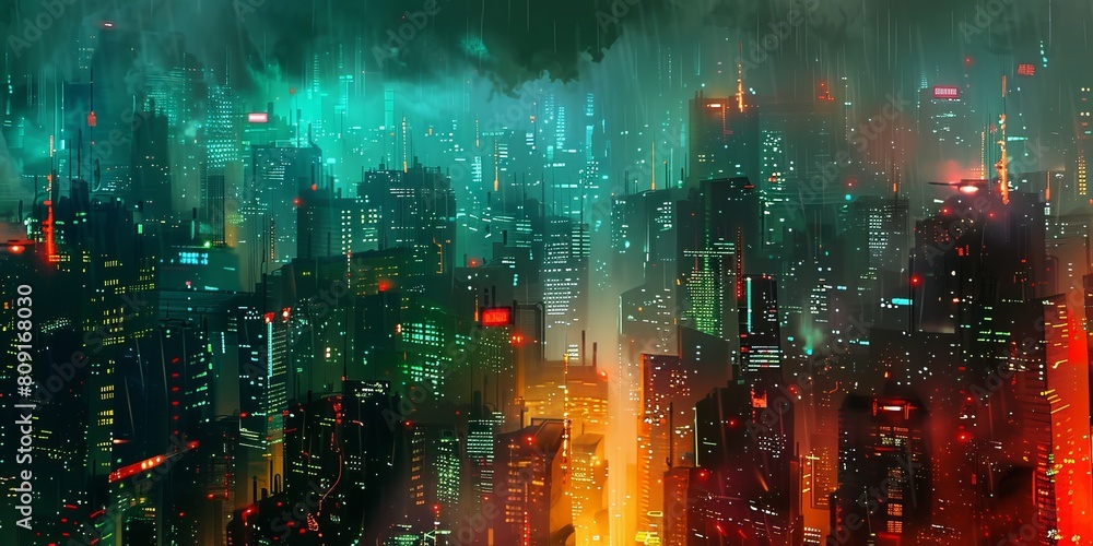 Cyberpunk Metropolis with Orange and Green Neon lights.