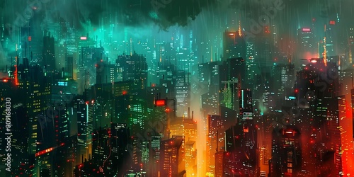 Cyberpunk Metropolis with Orange and Green Neon lights.