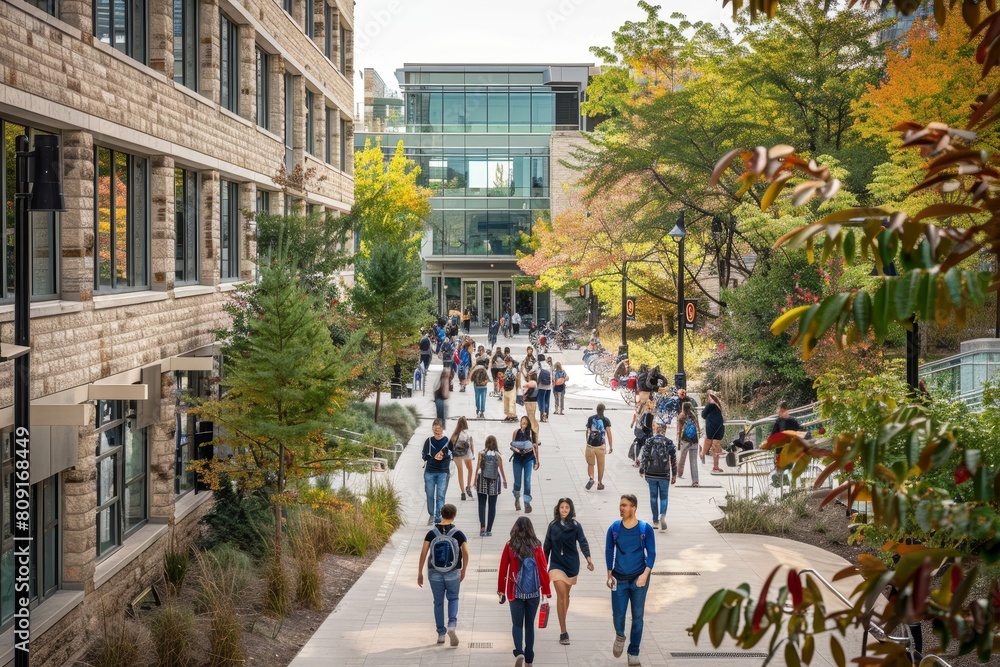 Obraz premium A group of people walking down a bustling street next to towering buildings, A bustling campus filled with diverse buildings and students