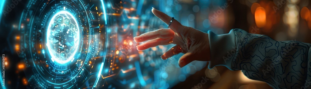 A woman in a blue sweater reaches out to touch a glowing blue and green hologram. A woman in a blue sweater reaches out to touch a glowing blue and green hologram.