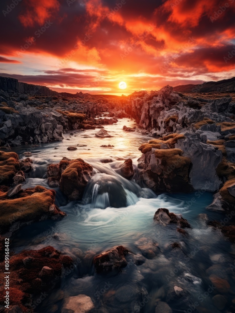 Dramatic sunset over a rocky mountain stream