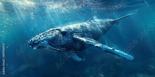 Majestic humpback whale swimming in blue ocean waters