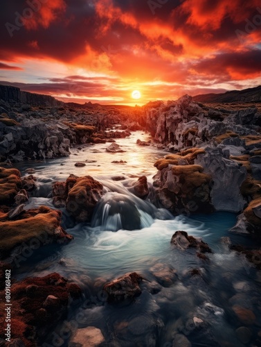 Dramatic sunset over a rocky mountain stream