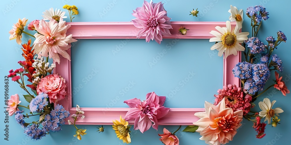Obraz premium blooming flowers of various colors placed on and around empty pink photo frame against light blue background