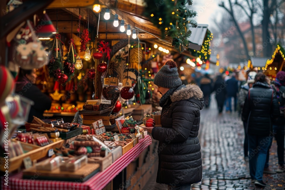 A woman stands in front of a festive Christmas market filled with vendors selling holiday treats and gifts, A bustling Christmas market filled with vendors selling handmade crafts and treats