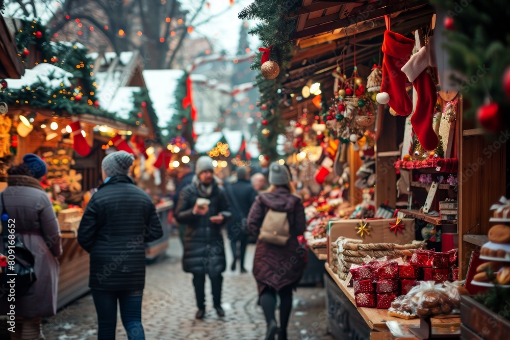 People moving through crowded market stalls during Christmas season, A bustling Christmas market filled with vendors selling handmade crafts and treats