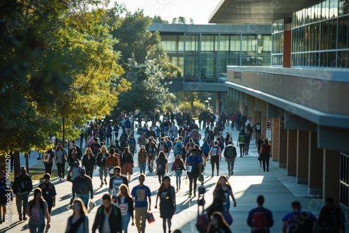 Crowded sidewalk as a diverse group of people walk together in a bustling campus setting  A bustling campus filled with students walking to and from classes