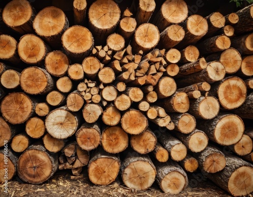 Wooden Logs Piled Up: Pattern of Growth Rings and Texture, Generative AI