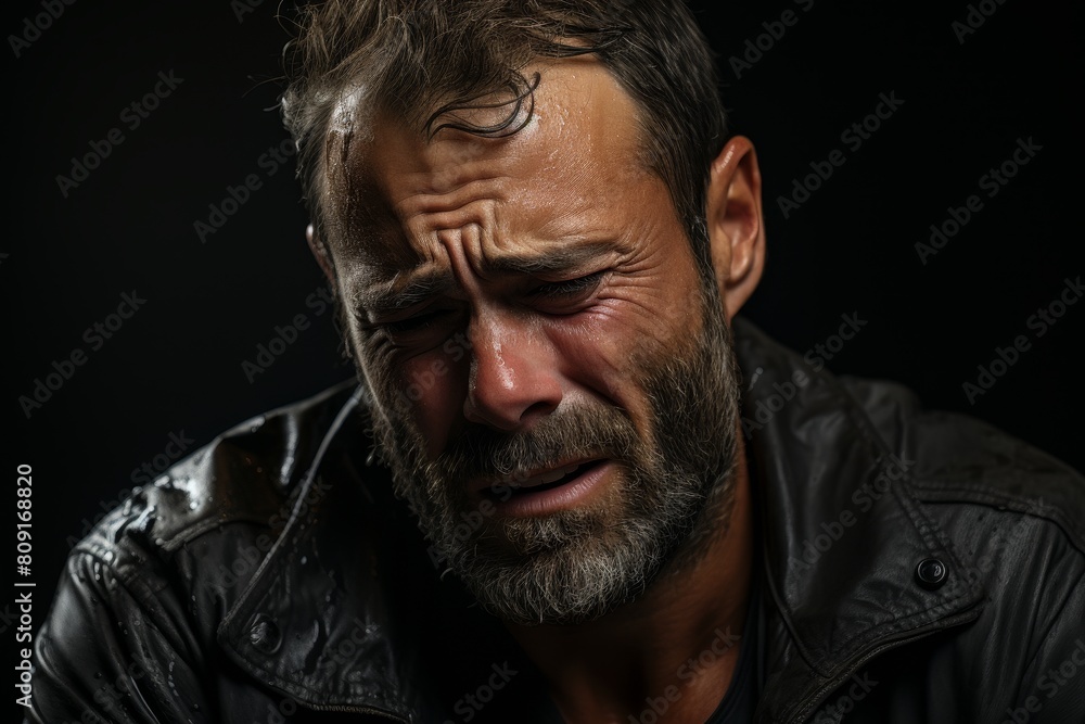 Emotional man with beard crying in pain