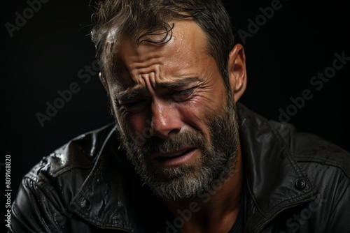 Emotional man with beard crying in pain
