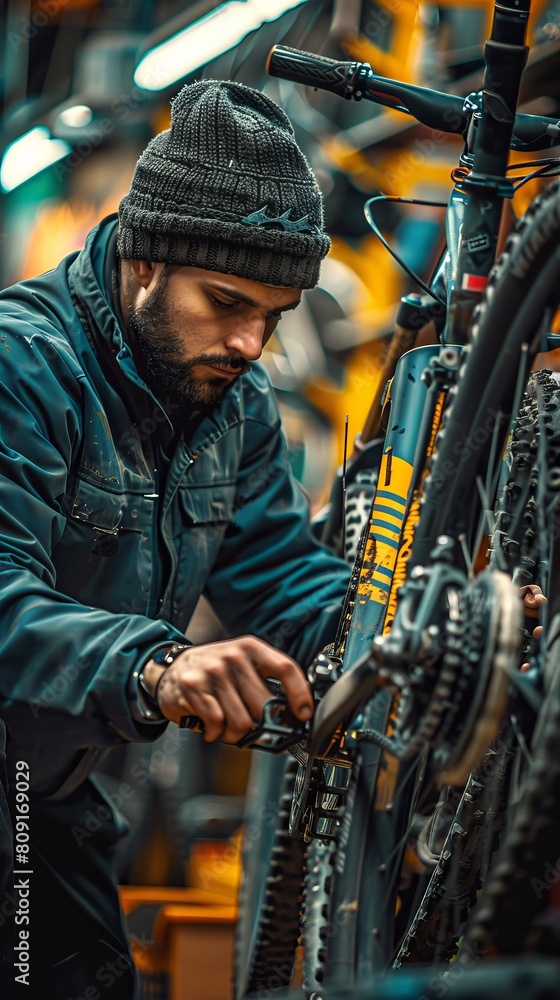 Mechanic repairing mountain bike in bicycle shop Mechanic repairing mountain bike in bicycle shop
