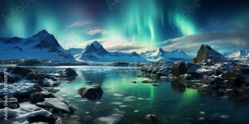 Breathtaking aurora borealis over snowy mountains and frozen lake