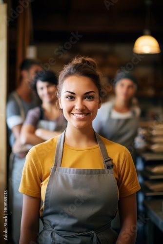Smiling woman in apron standing in cafe