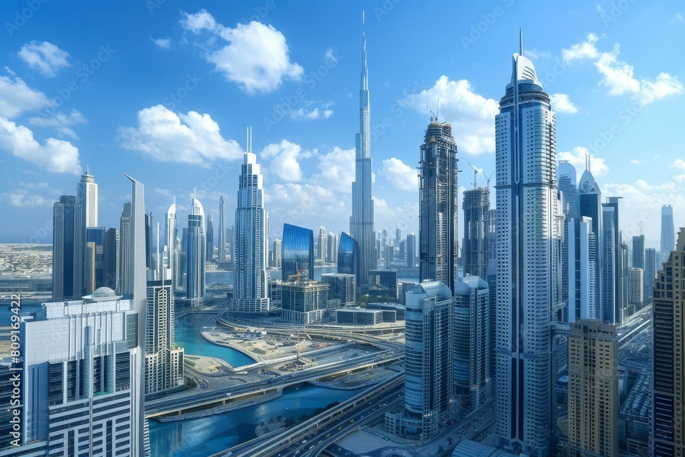 A city with towering skyscrapers along a river running through it, A bustling city skyline filled with skyscrapers and bustling activity A city with towering skyscrapers along a river running through it, A bustling city skyline filled with skyscrapers and bustling activity