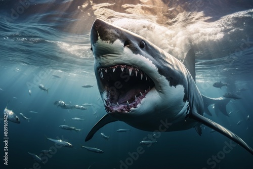 Ferocious great white shark with open mouth in the ocean