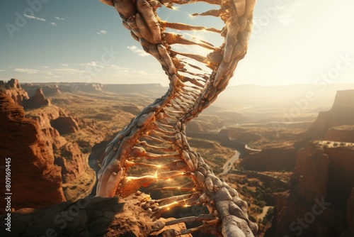 Dramatic rocky landscape with glowing DNA-like structure photo