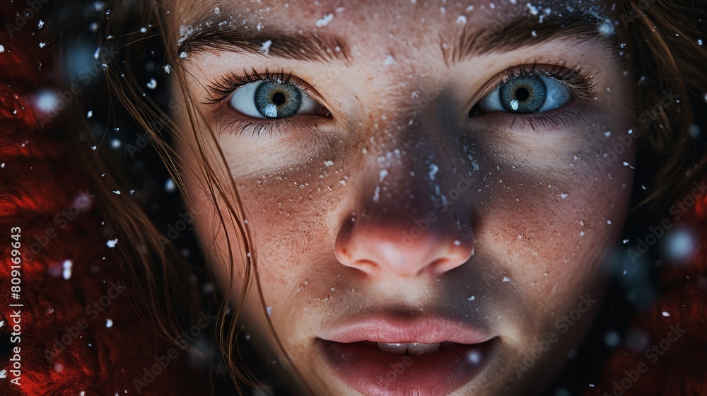 close-up portrait of a young woman with blue eyes in the snow close-up portrait of a young woman with blue eyes in the snow