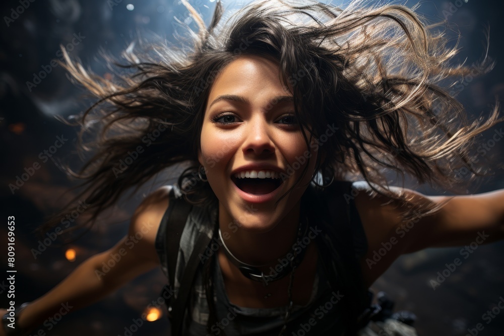 Joyful woman with windblown hair Joyful woman with windblown hair
