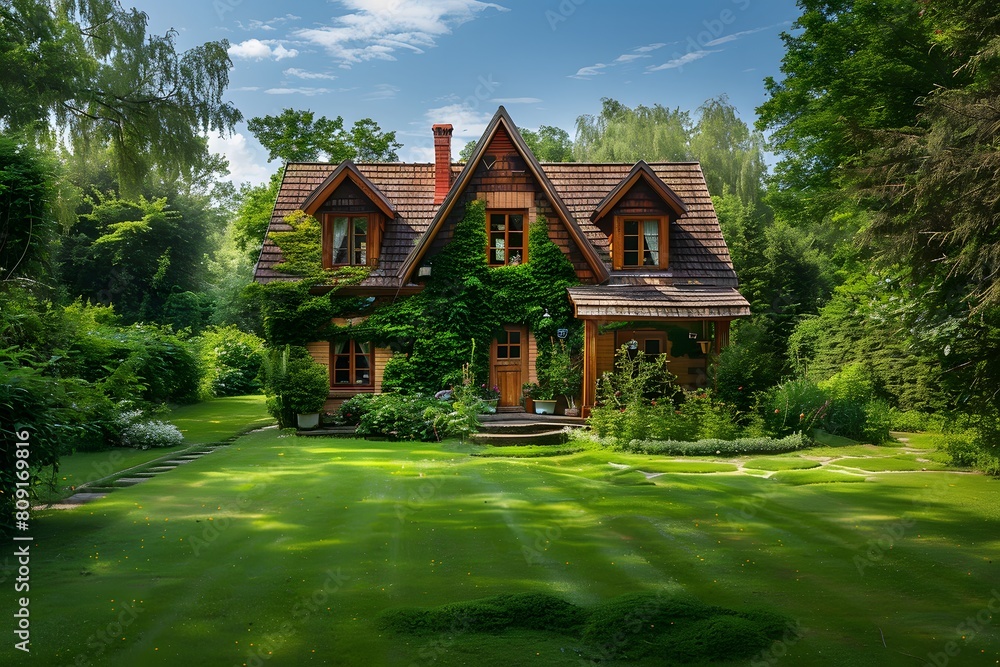 House Surrounded by Lush Green Field. Generative by AI House Surrounded by Lush Green Field. Generative by AI