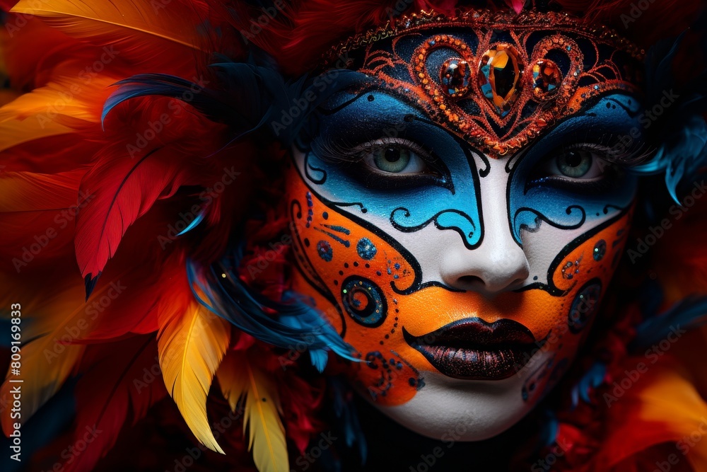 Vibrant carnival mask with feathers