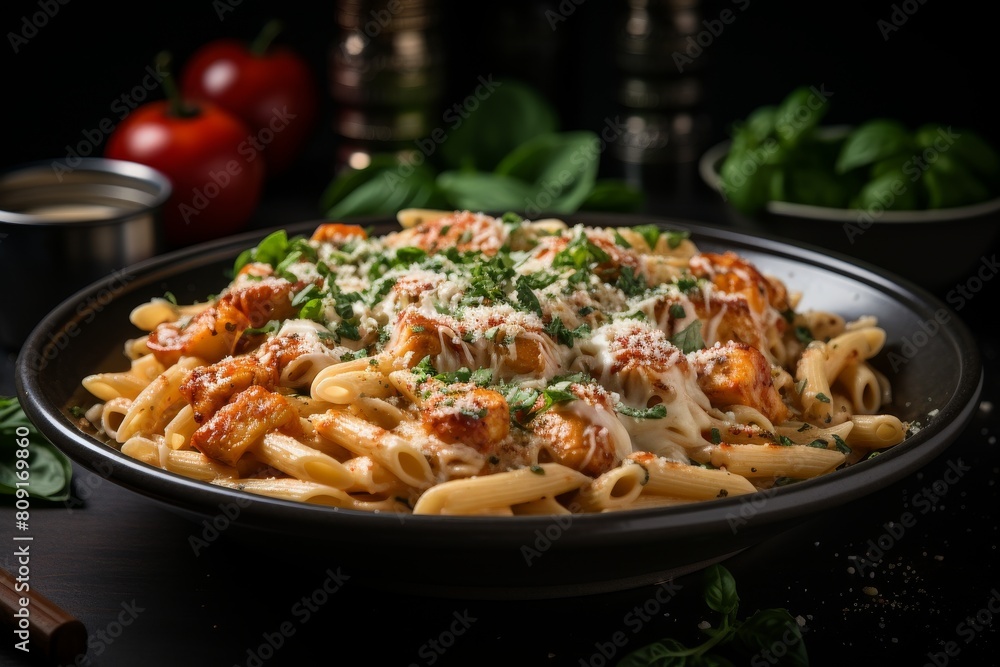 Delicious pasta dish with tomato sauce and fresh herbs Delicious pasta dish with tomato sauce and fresh herbs