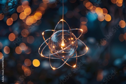 Atom Model With Glowing Orbitals And Bokeh Backdrop. Generative AI